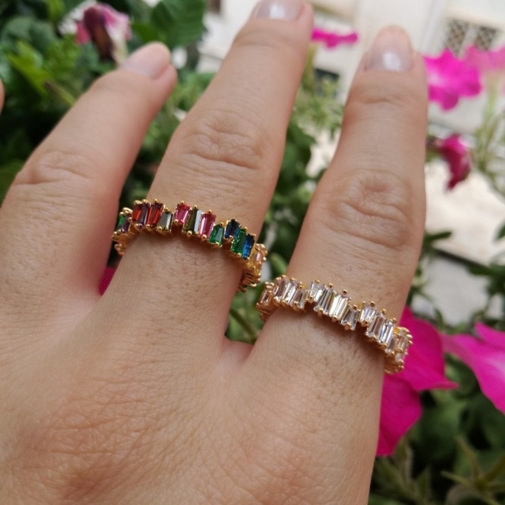 Rainbow Baguette Rose Gold Thin Stacker Ring - Picture 2 of 3